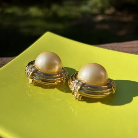 CINER - Large Pearl Rhinestone Statement VTG EARRINGS - Picture 5 of 12